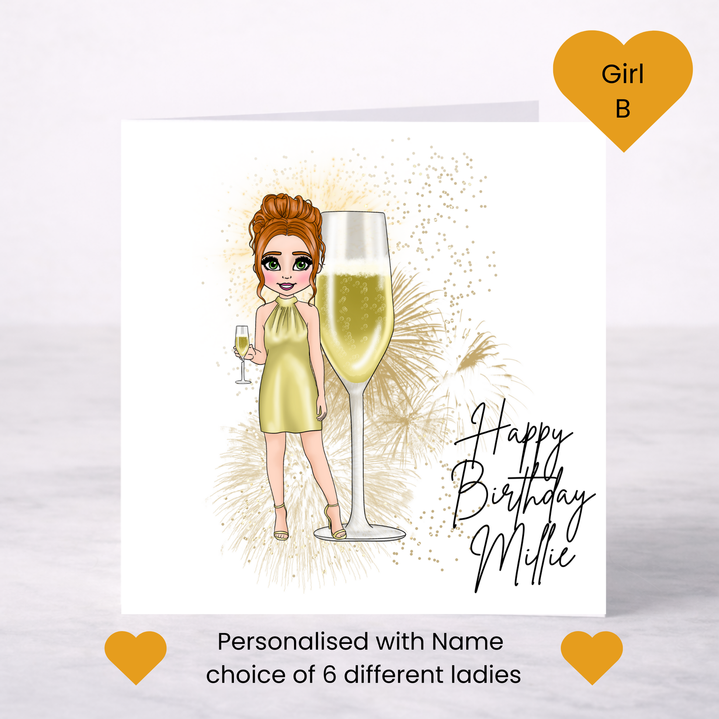 Personalised Champagne Birthday Card – Gold Dress Lady Design