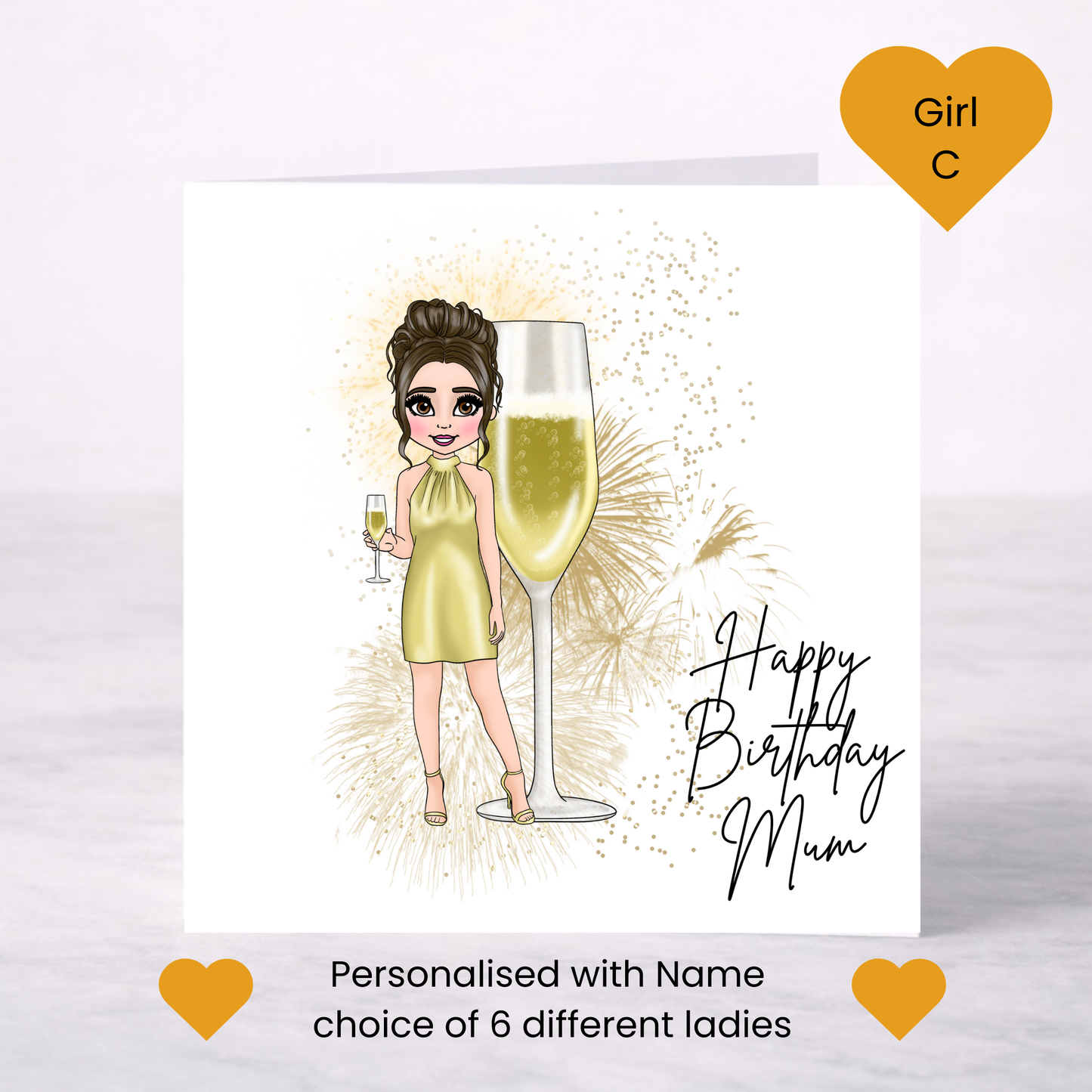 Personalised Champagne Birthday Card – Gold Dress Lady Design