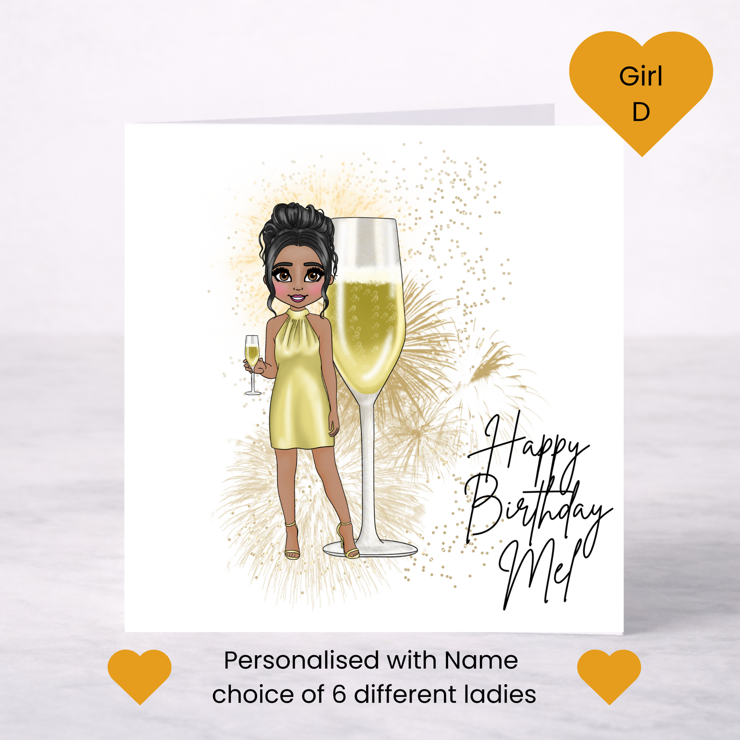 Personalised Champagne Birthday Card – Gold Dress Lady Design