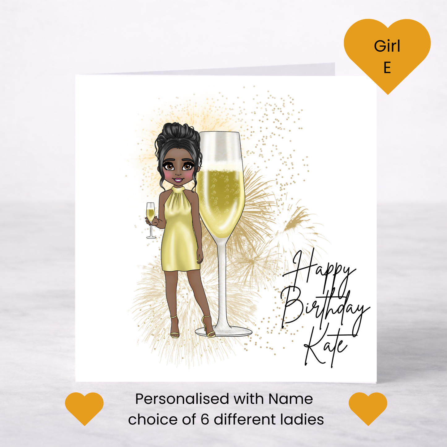 Personalised Champagne Birthday Card – Gold Dress Lady Design