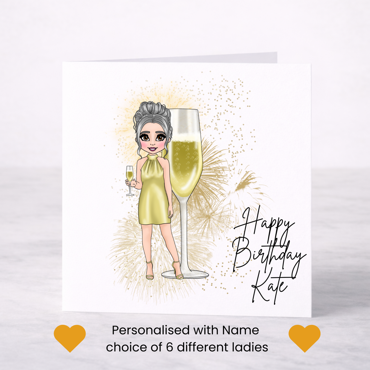 Personalised Champagne Birthday Card – Gold Dress Lady Design
