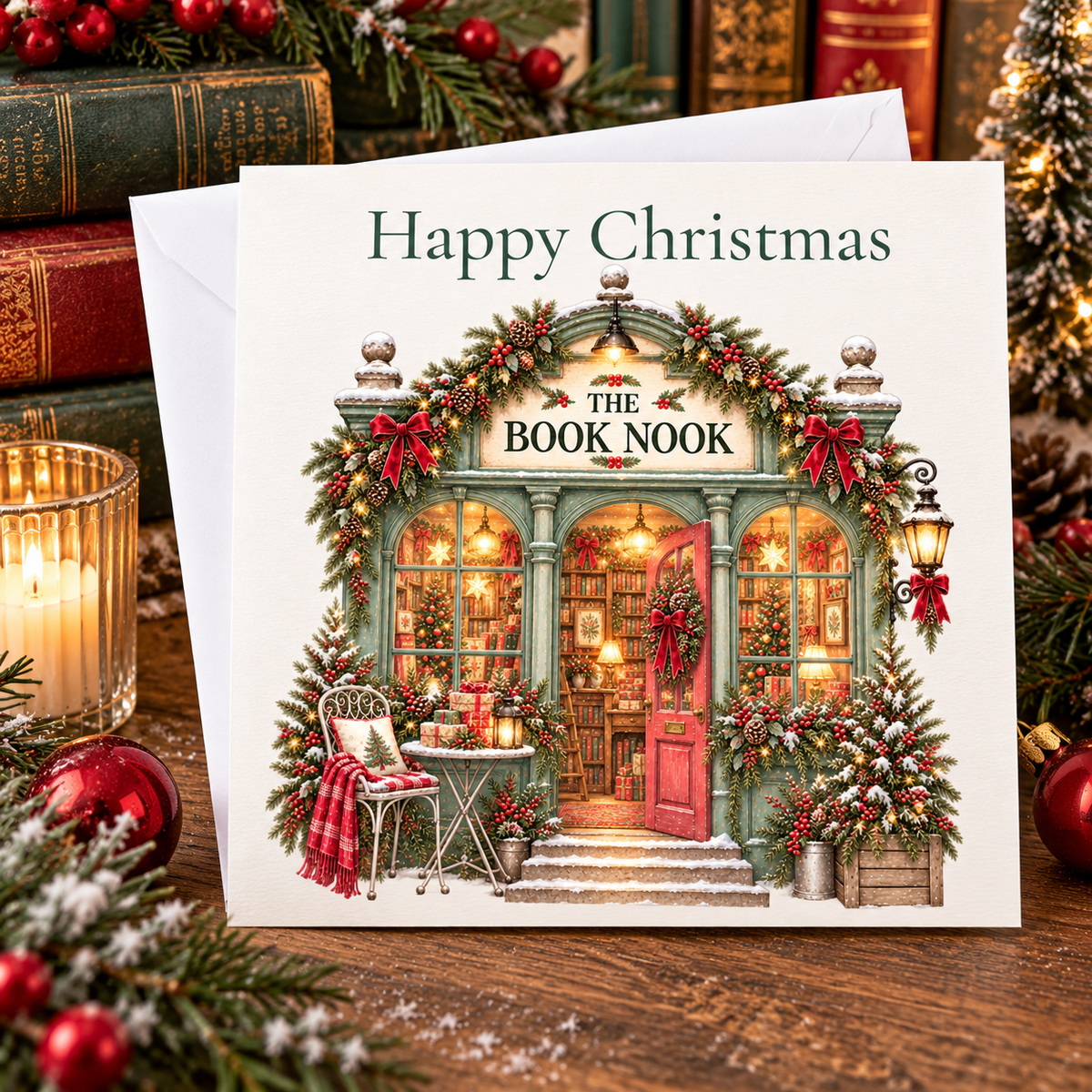 Book Nook Christmas Card – Festive Bookshop Card for Book Lovers