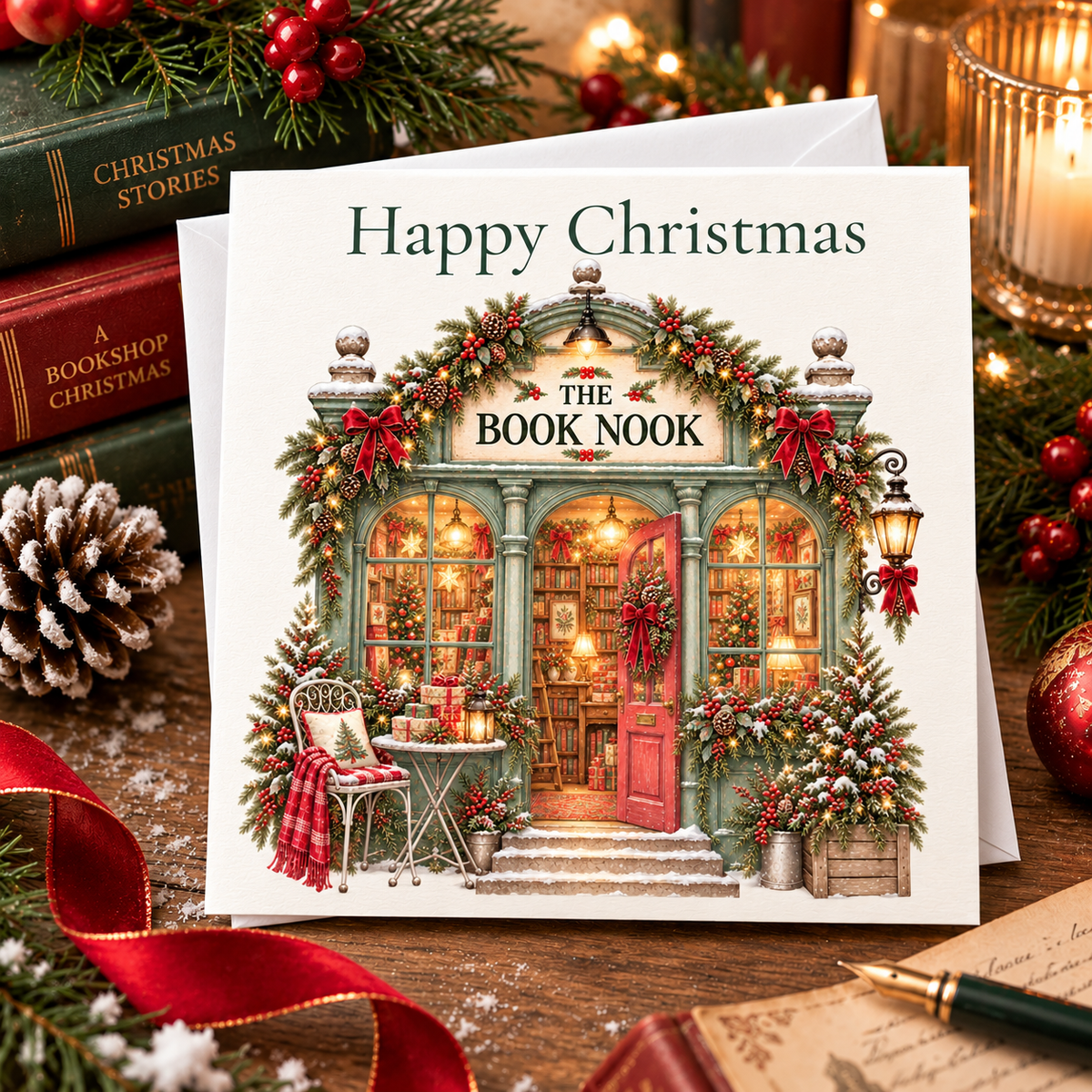 Book Nook Christmas Card – Festive Bookshop Card for Book Lovers