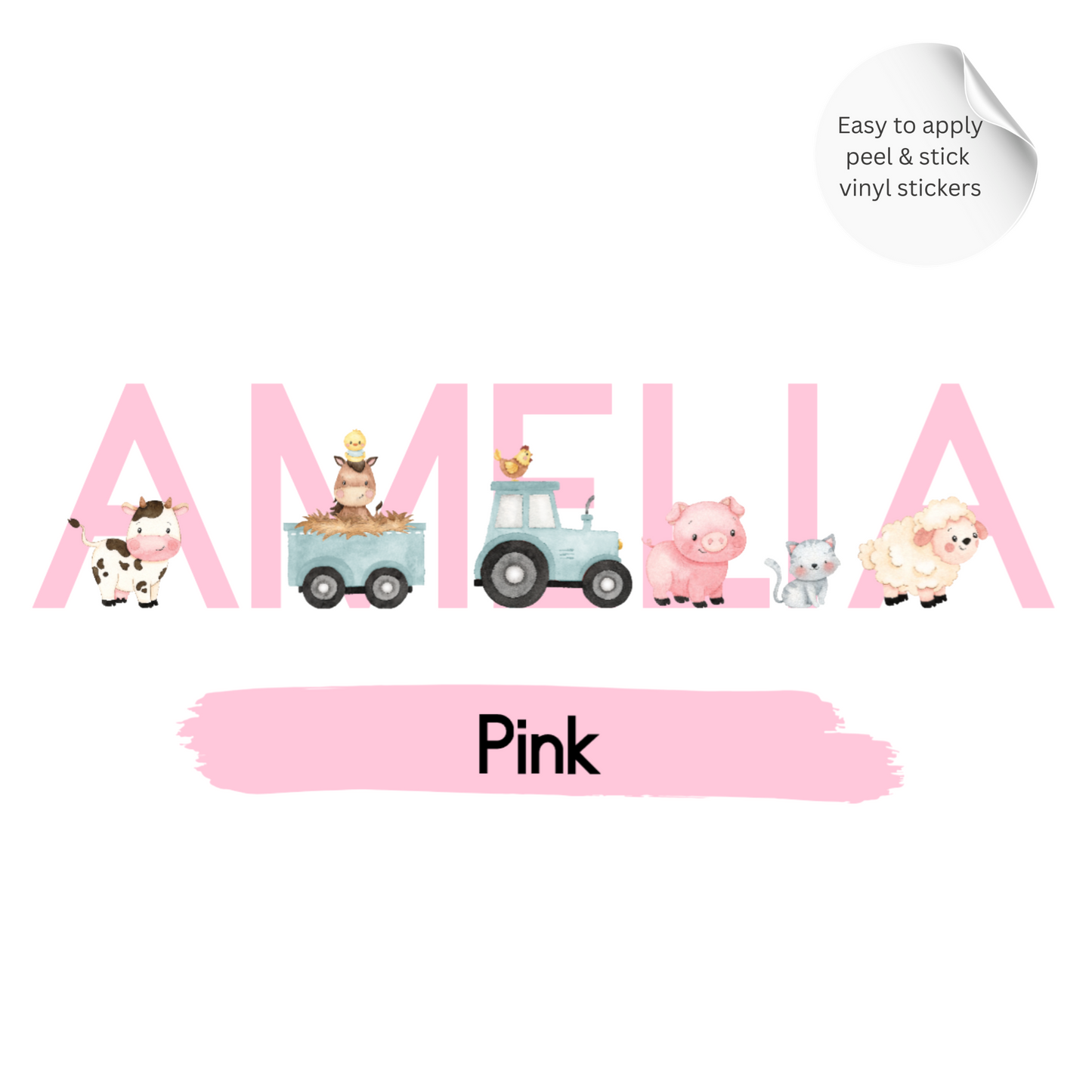 Personalised Pink Farm Animal Name Wall Stickers 5"/12.7 cm – Nursery Vinyl Decal, Tractor Farm Decor for Girls Room
