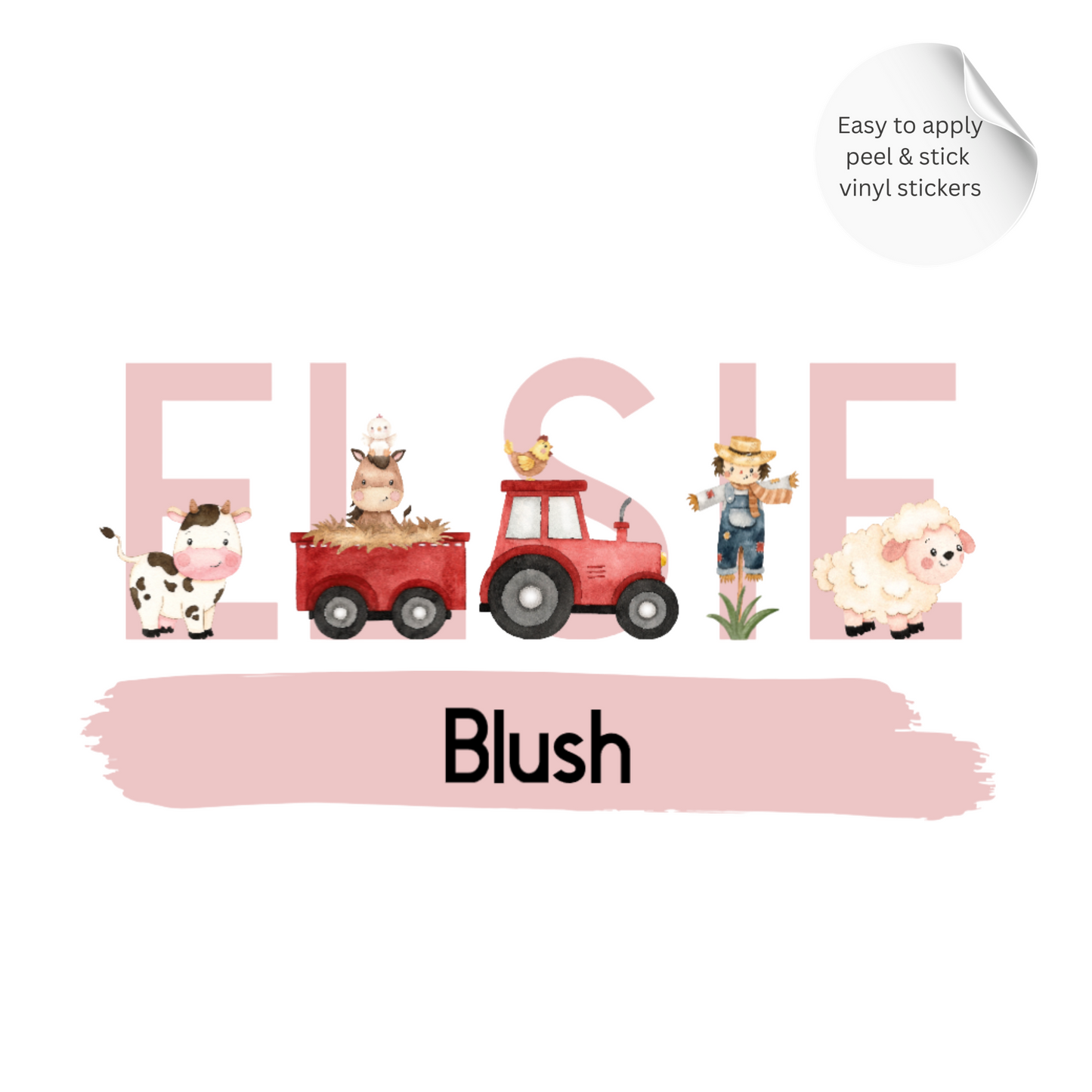 Personalised Pink Farm Animal Name Wall Stickers 5"/12.7 cm – Nursery Vinyl Decal, Tractor Farm Decor for Girls Room