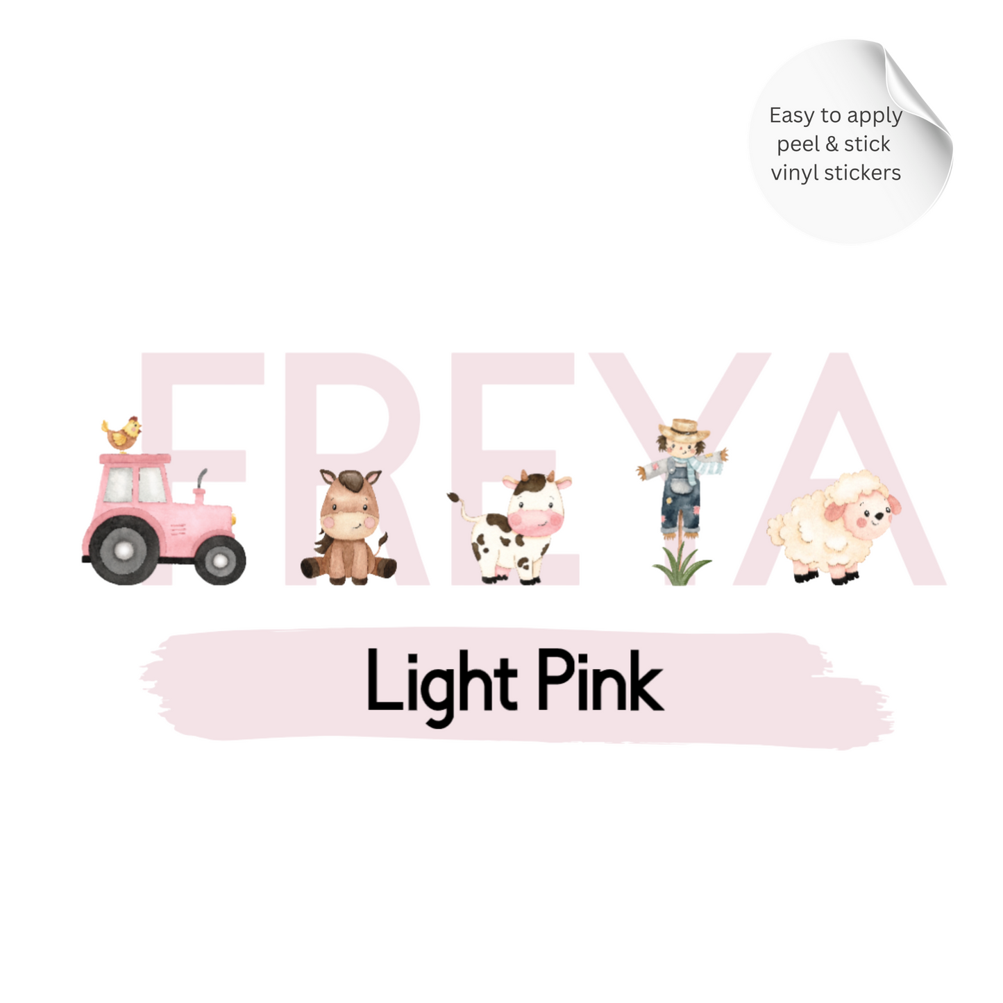 Personalised Pink Farm Animal Name Wall Stickers 5"/12.7 cm – Nursery Vinyl Decal, Tractor Farm Decor for Girls Room