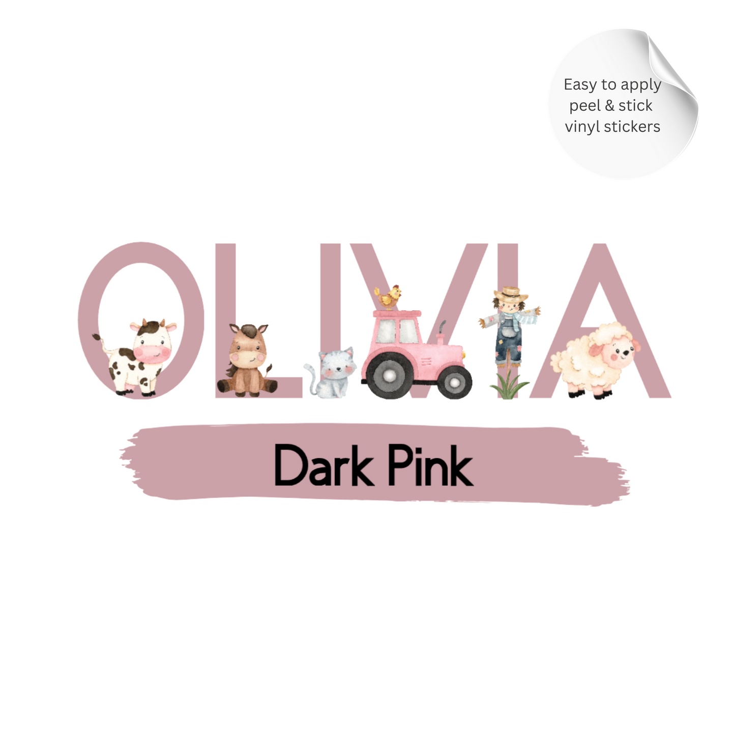 Personalised Pink Farm Animal Name Wall Stickers 5"/12.7 cm – Nursery Vinyl Decal, Tractor Farm Decor for Girls Room
