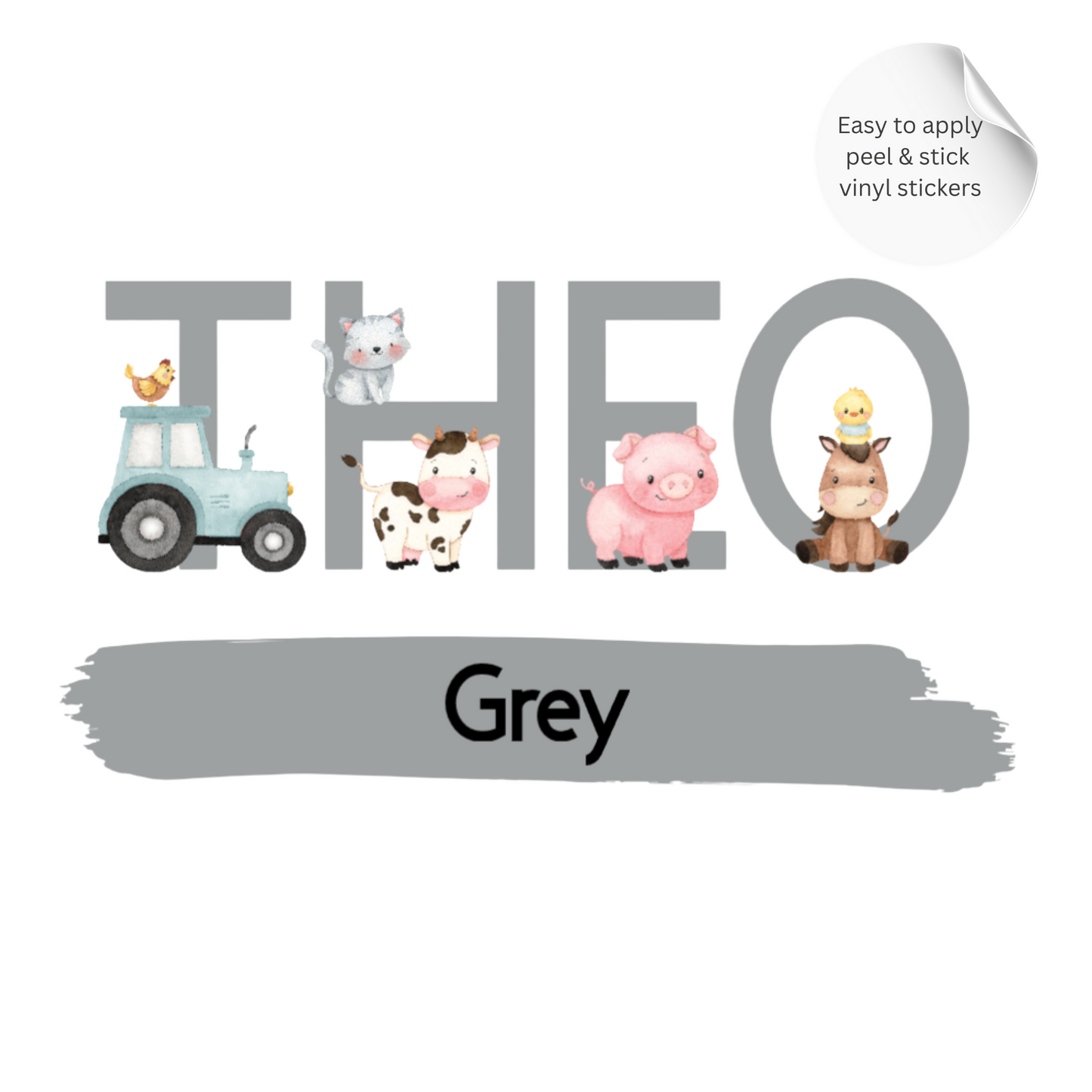 Personalised Pink Farm Animal Name Wall Stickers 5"/12.7 cm – Nursery Vinyl Decal, Tractor Farm Decor for Girls Room