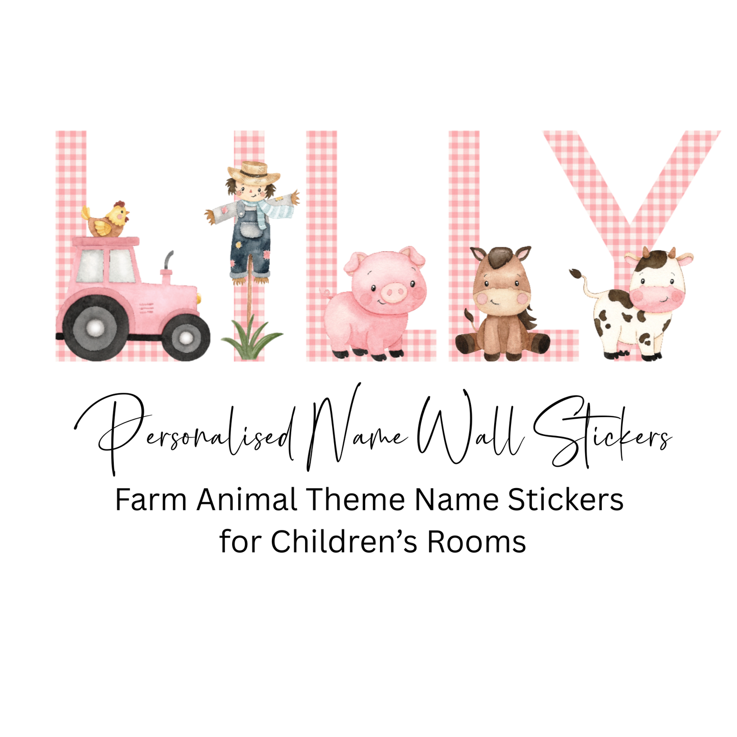 Personalised Farmyard Name Wall Stickers 5" (12.7cm) – Gingham Tractor Nursery Decor