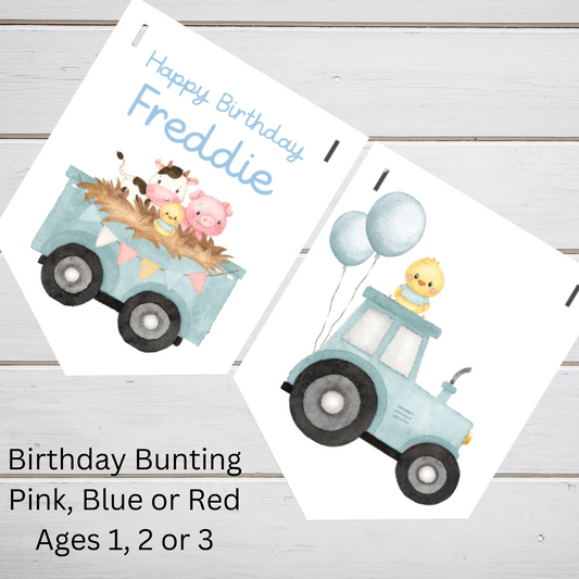 Personalised Birthday Bunting with Child’s Name – Farmyard Tractor Theme