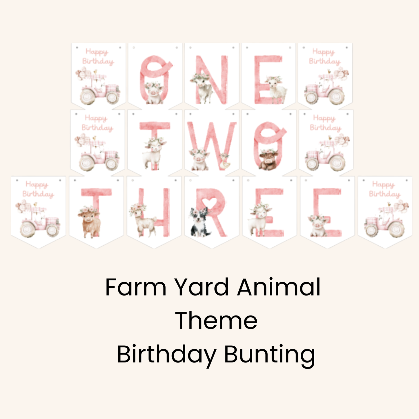 Farmyard Animal Birthday Garland – Floral Farm Design with Pink Tractor (Ages 1–3)