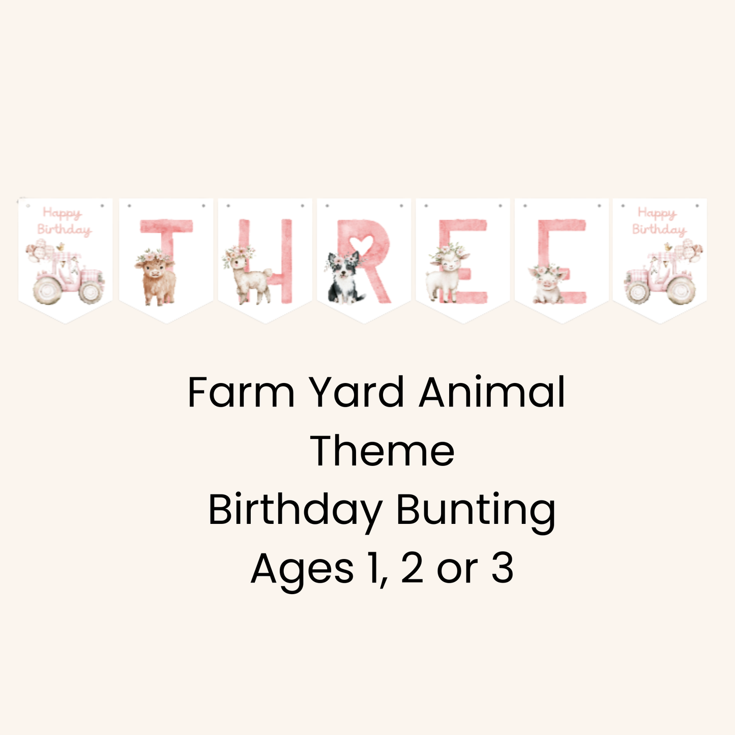 Farmyard Animal Birthday Garland – Floral Farm Design with Pink Tractor (Ages 1–3)