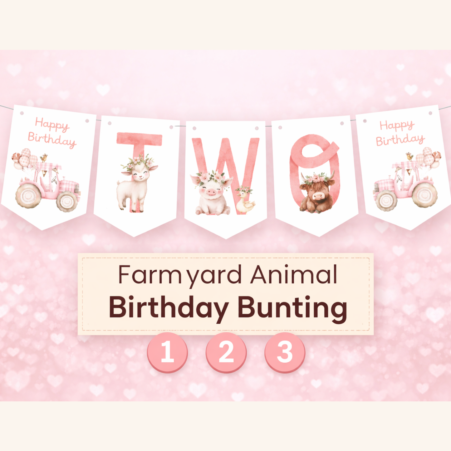 Farmyard Animal Birthday Garland – Floral Farm Design with Pink Tractor (Ages 1–3)