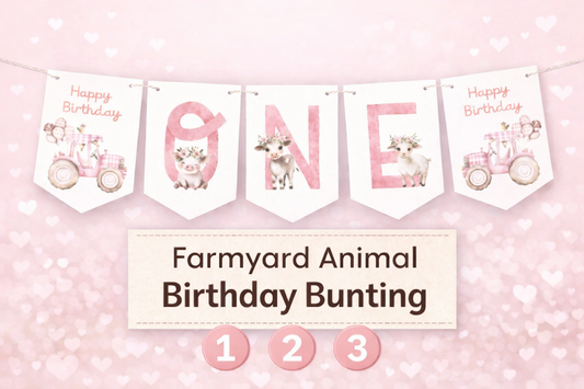 Farmyard Animal Birthday Garland – Floral Farm Design with Pink Tractor (Ages 1–3)