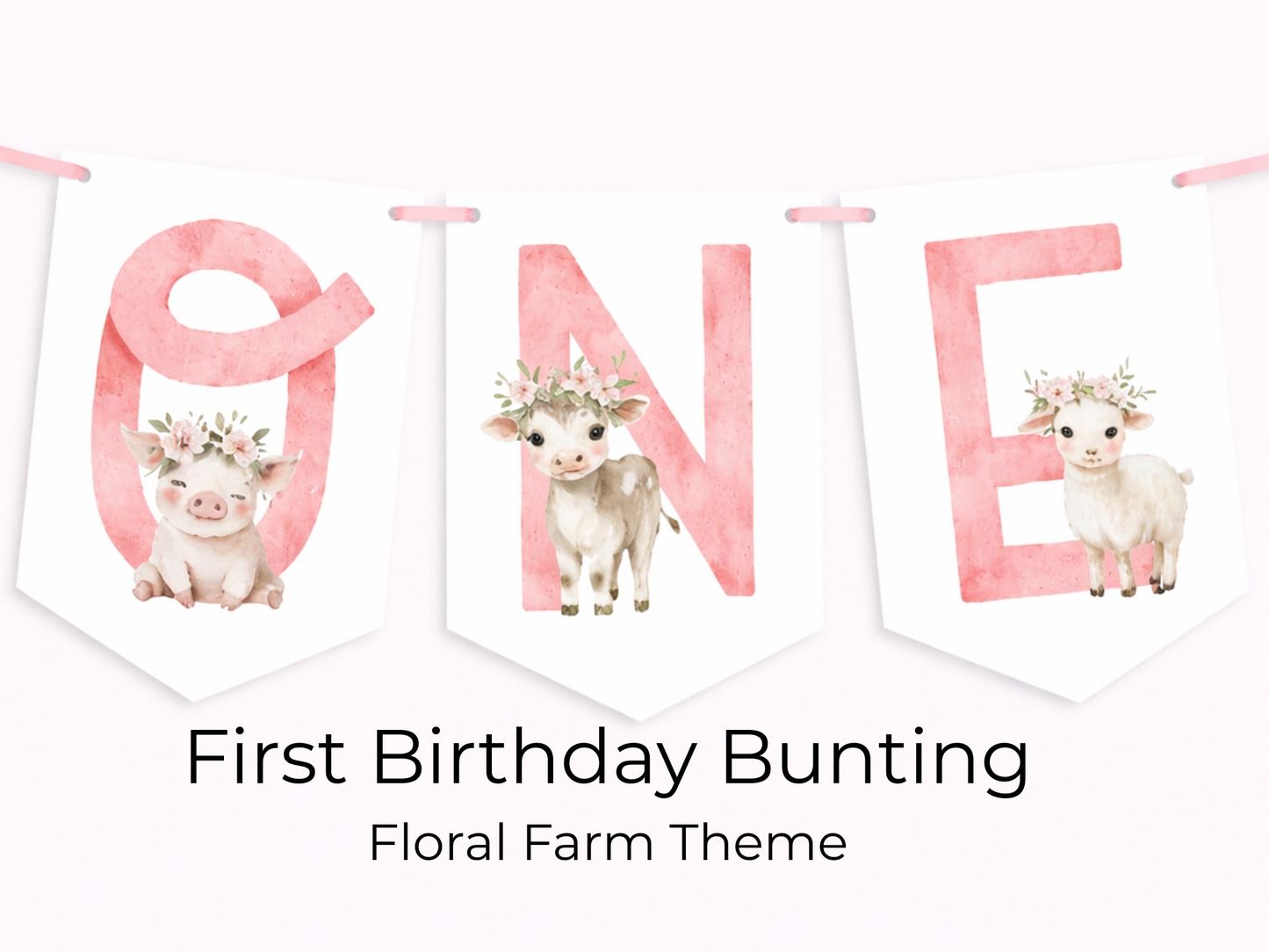 Personalised Farmyard First Birthday Bunting – Age One Banner with Name, Farm Animal Party Decor Pink Tractor