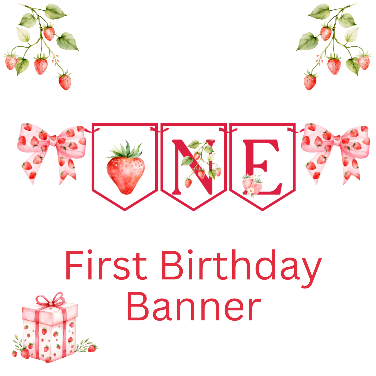 Strawberry First Birthday Bunting – ONE Banner Coquette Party Decor Pink Strawberry Theme