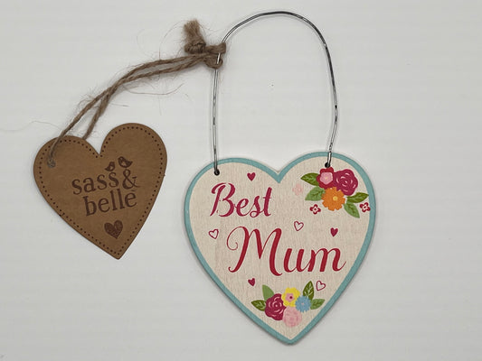 Best Mum Small Wooden Hanging Heart Decoration
