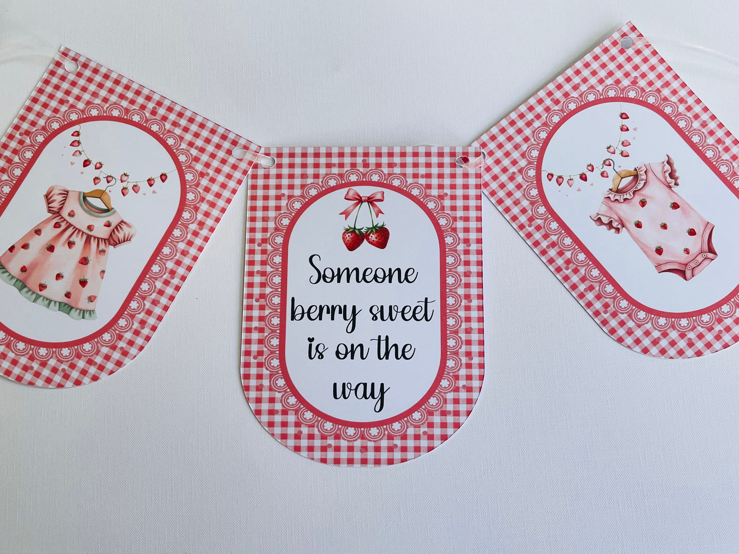 Strawberry Baby Shower Bunting, Pink Gingham Berry Garland, Someone Very Sweet Is On The Way Banner, Baby Girl Shower Decorations