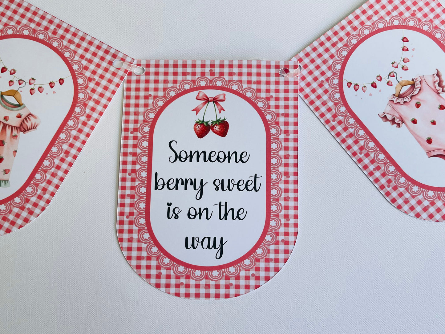 Strawberry Baby Shower Bunting, Pink Gingham Berry Garland, Someone Very Sweet Is On The Way Banner, Baby Girl Shower Decorations