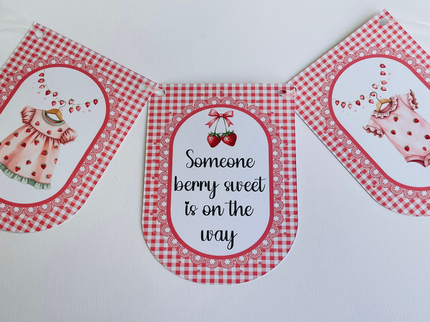Strawberry Baby Shower Bunting, Pink Gingham Berry Garland, Someone Very Sweet Is On The Way Banner, Baby Girl Shower Decorations