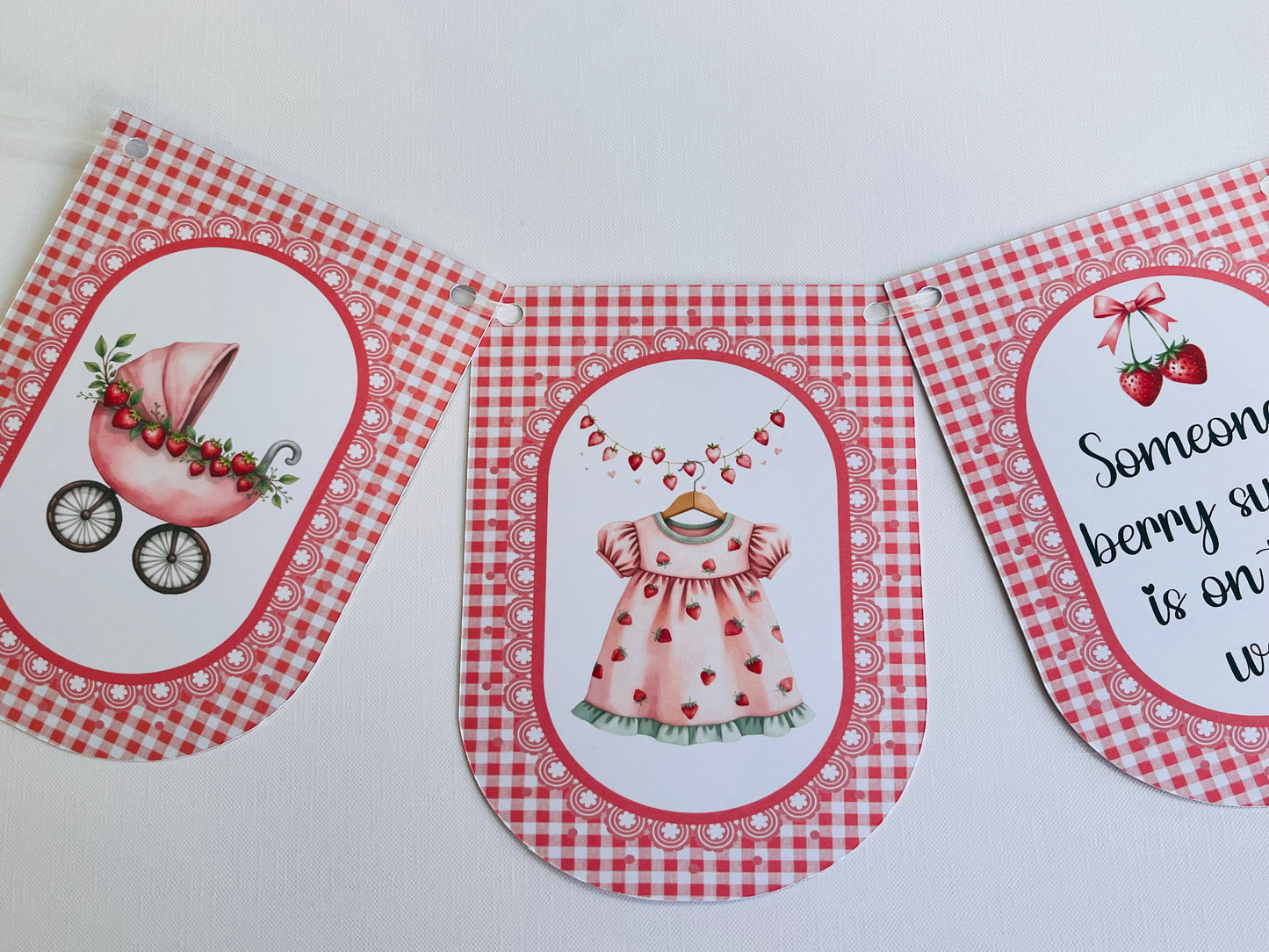 Strawberry Baby Shower Bunting, Pink Gingham Berry Garland, Someone Very Sweet Is On The Way Banner, Baby Girl Shower Decorations
