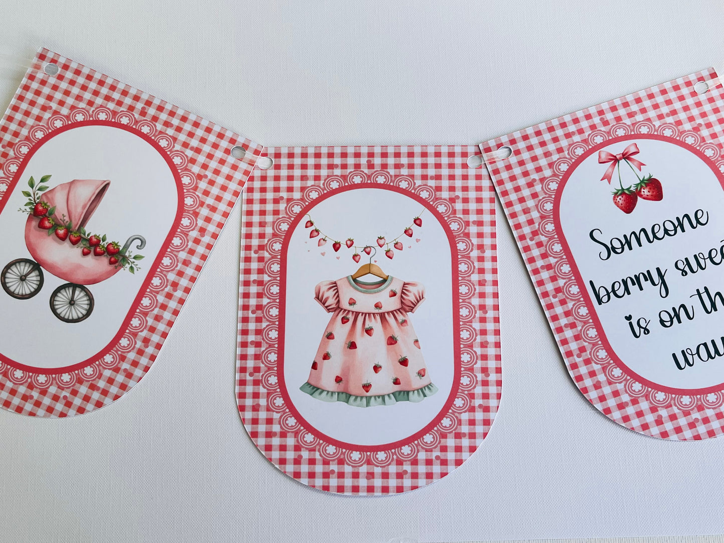 Strawberry Baby Shower Bunting, Pink Gingham Berry Garland, Someone Very Sweet Is On The Way Banner, Baby Girl Shower Decorations