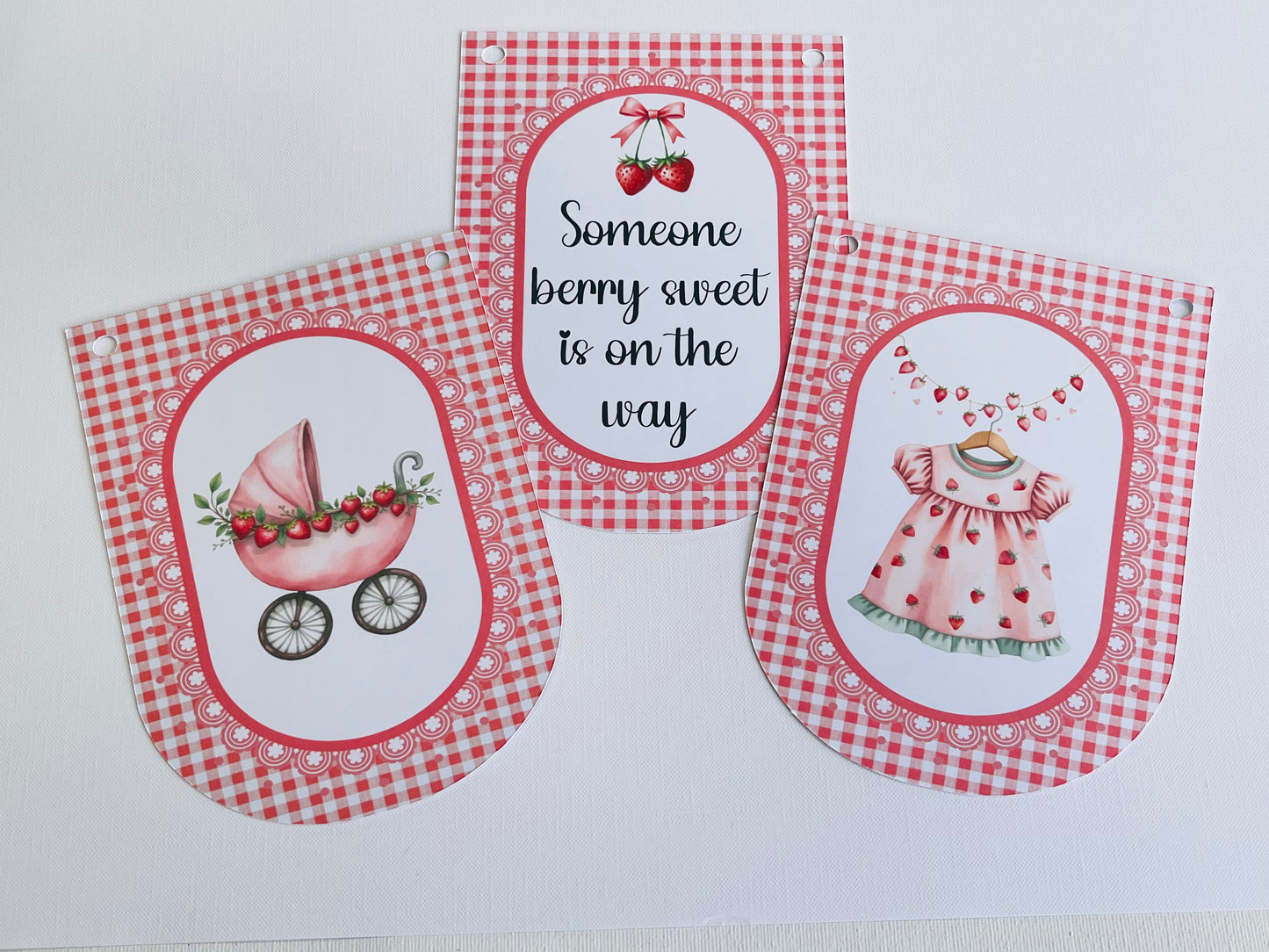 Strawberry Baby Shower Bunting, Pink Gingham Berry Garland, Someone Very Sweet Is On The Way Banner, Baby Girl Shower Decorations