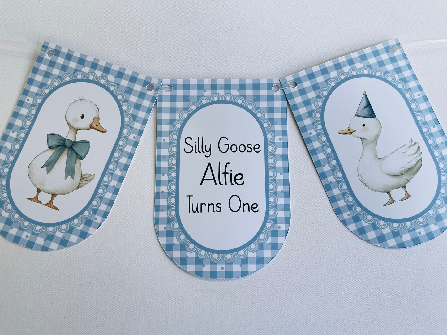 Personalised Silly Goose Turns One Birthday Bunting – First Birthday Banner Pink or Sage Green