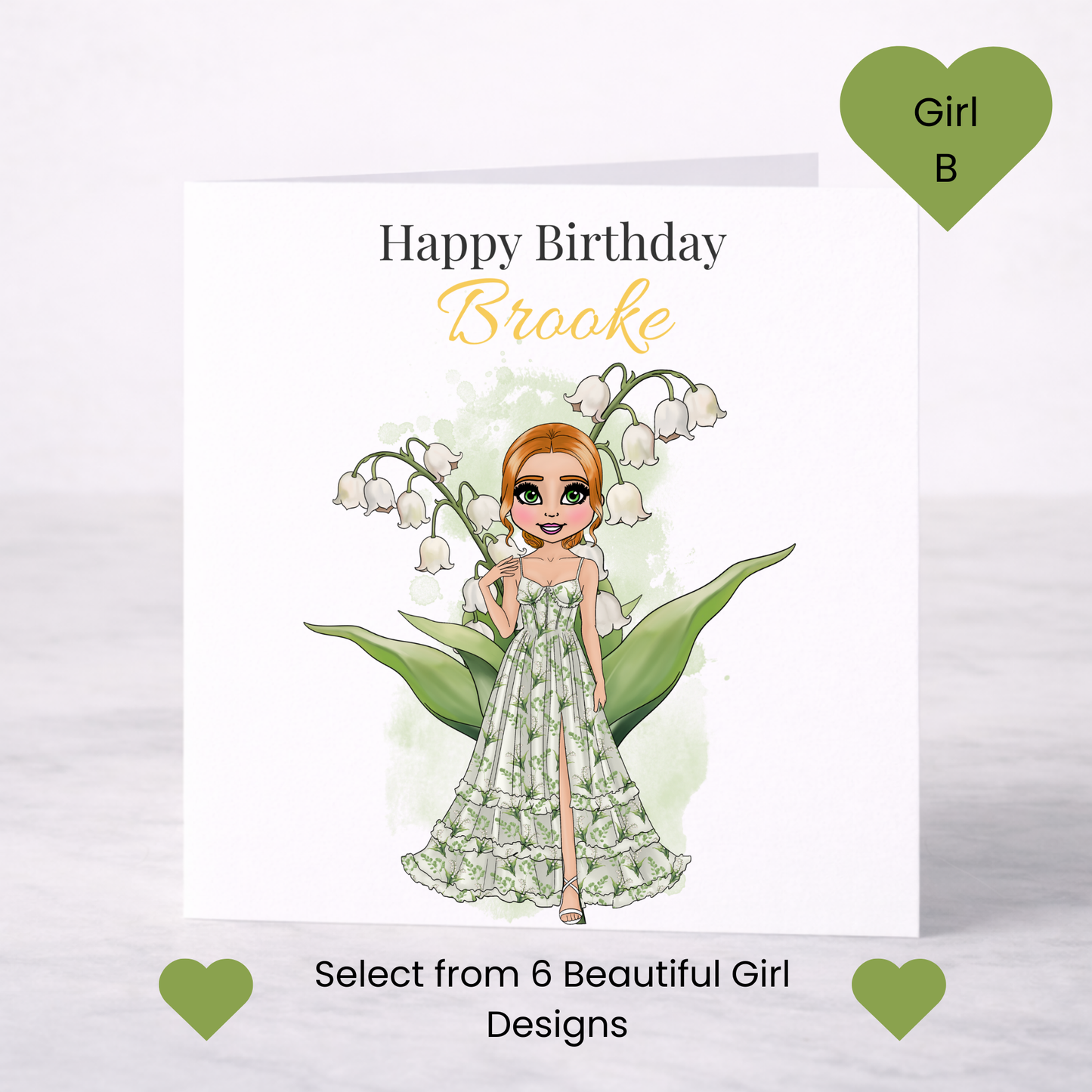 Personalised May Birth Flower Birthday Card – Lily of the Valley Design, Custom Name, Choice of Girl
