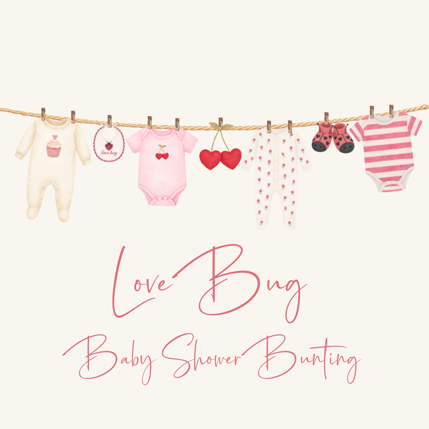 Love Bug Valentine Baby Shower Bunting – Clothesline Garland with Mini Wooden Pegs