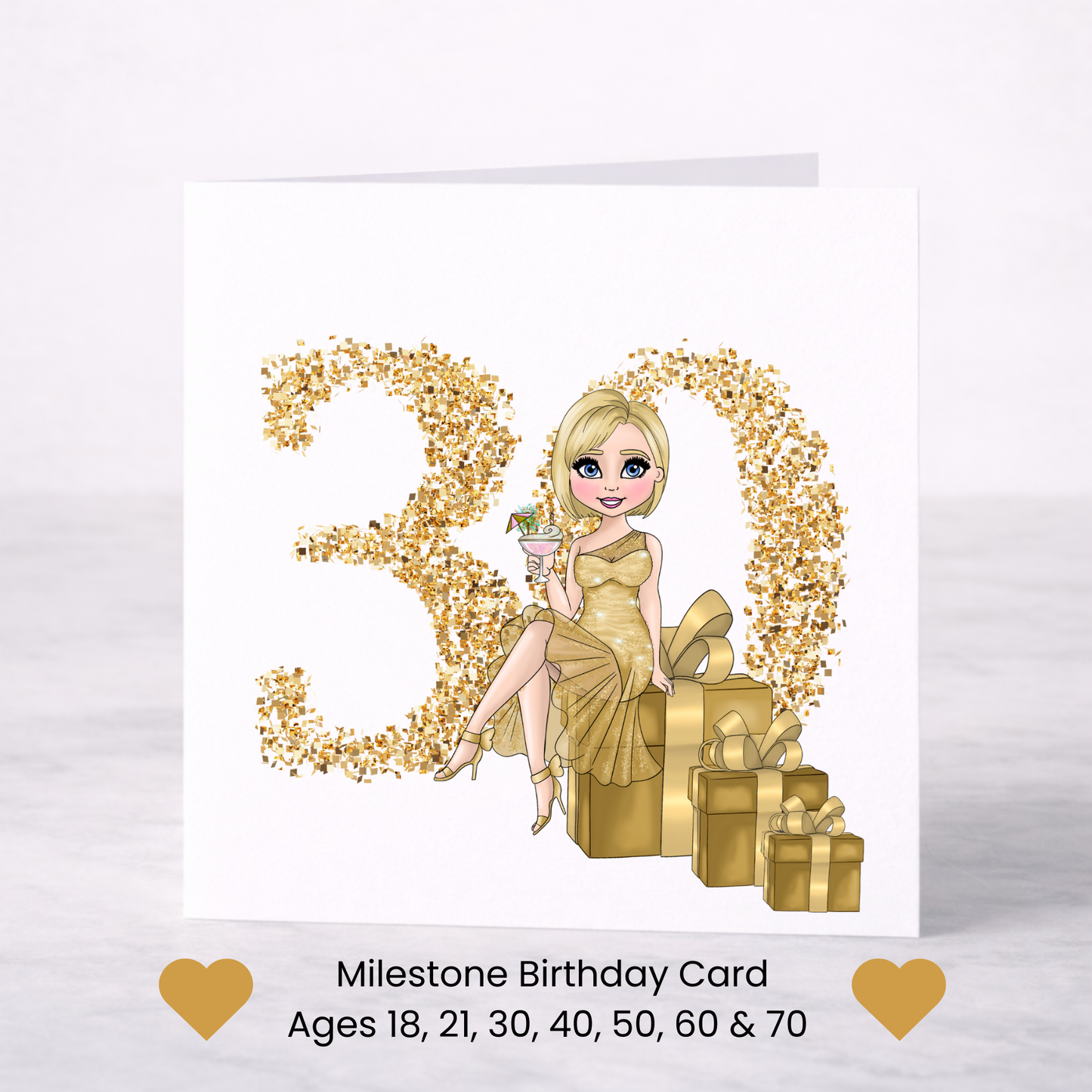 Gold Milestone Birthday Card – Choice of Lady, Ages 18–70