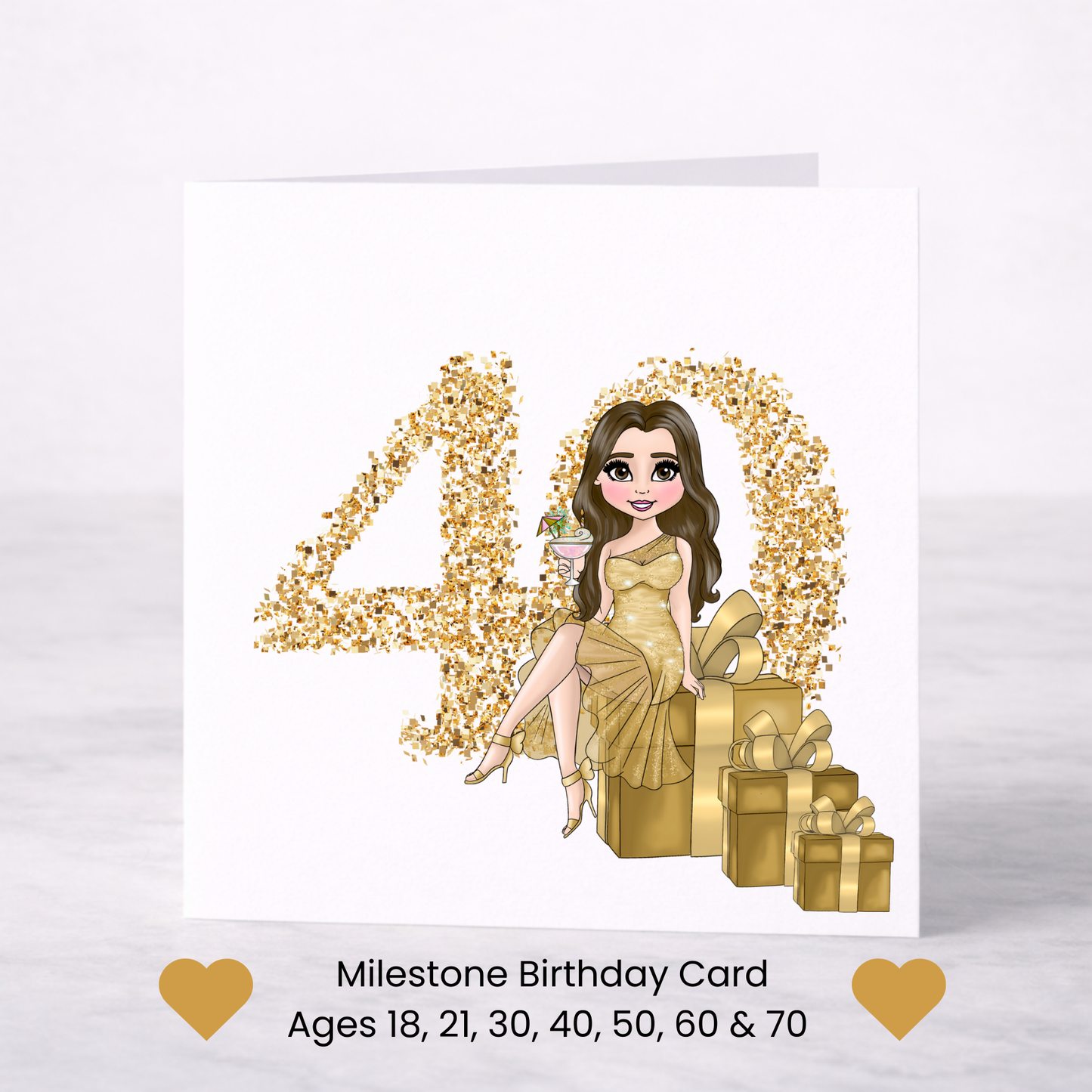 Gold Milestone Birthday Card – Choice of Lady, Ages 18–70