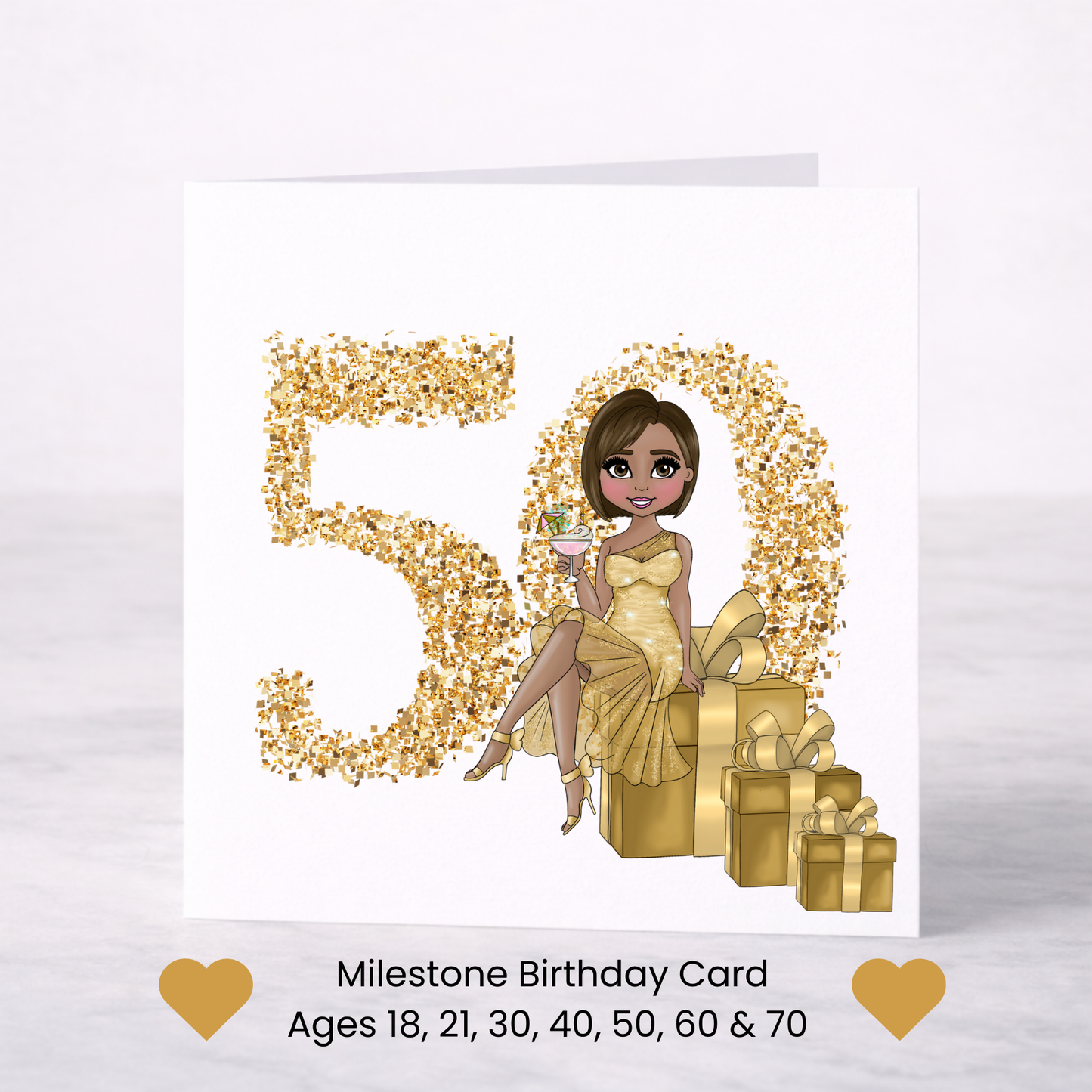 Gold Milestone Birthday Card – Choice of Lady, Ages 18–70