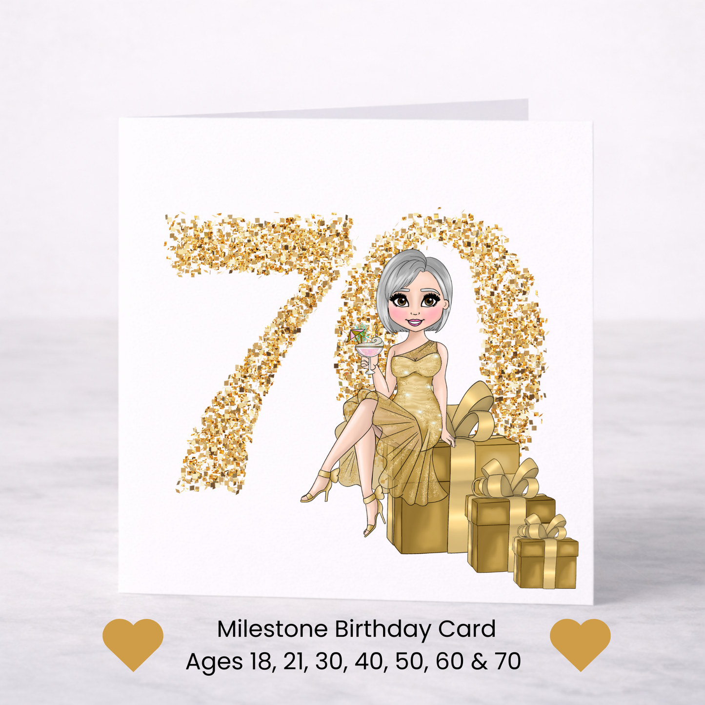 Gold Milestone Birthday Card – Choice of Lady, Ages 18–70