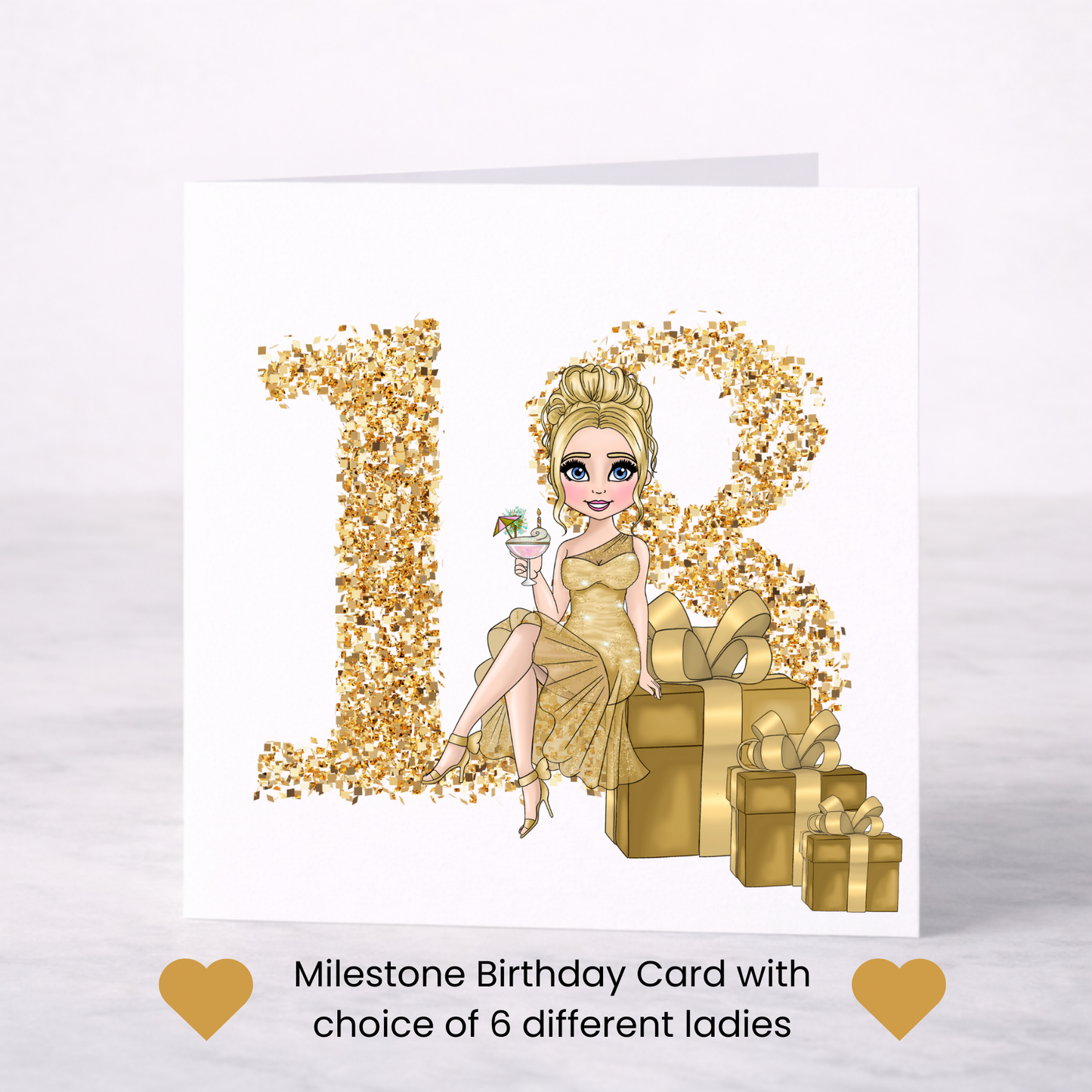 Gold Milestone Birthday Card – Choice of Lady, Ages 18–70