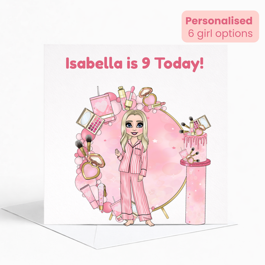 Personalised Beauty Birthday Card for Girls, Pink Pamper Spa Theme Card, Custom Name & Age Card, Sleepover Birthday Card, Stylish Girls Birthday