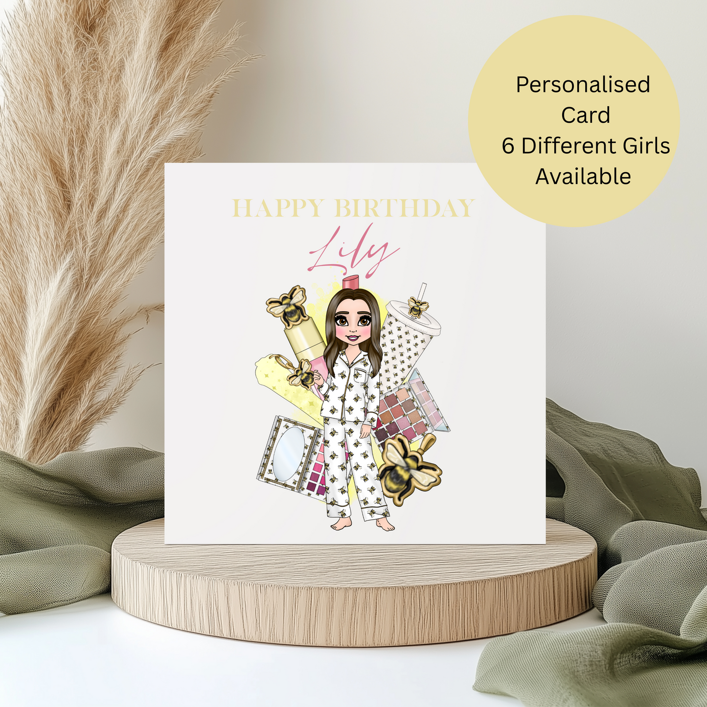 Personalised Makeup Birthday Card – Teen Girl Bee Pyjama Design