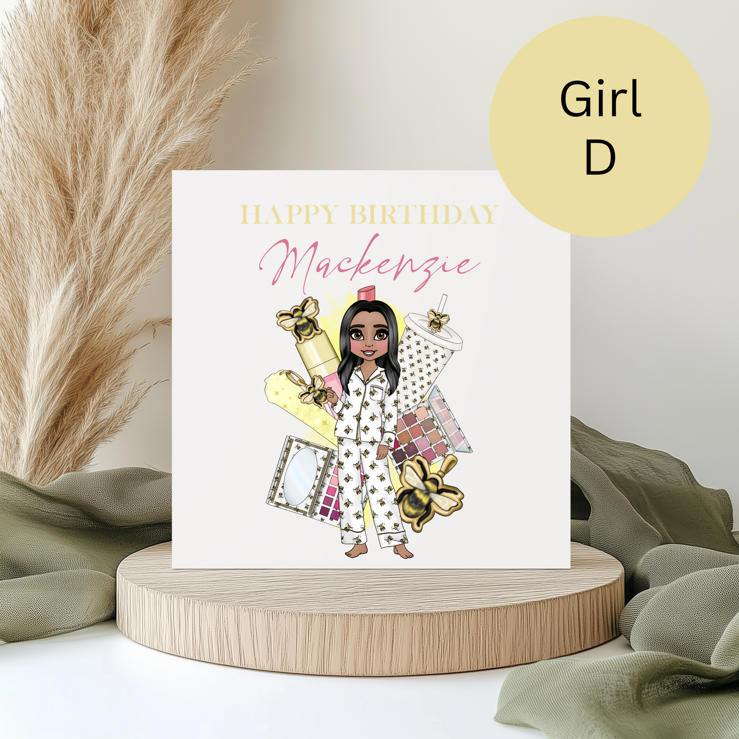 Personalised Makeup Birthday Card – Teen Girl Bee Pyjama Design