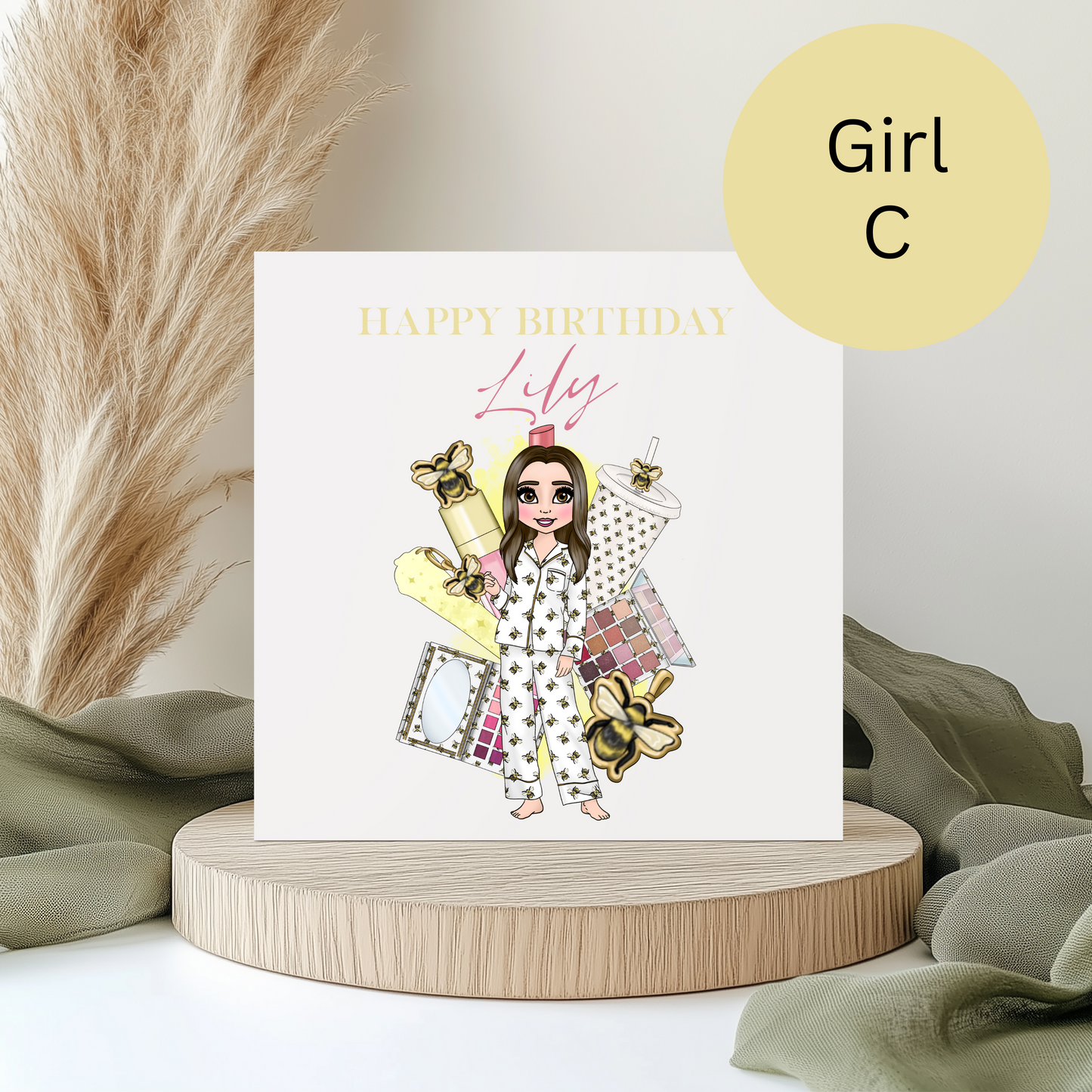 Personalised Makeup Birthday Card – Teen Girl Bee Pyjama Design