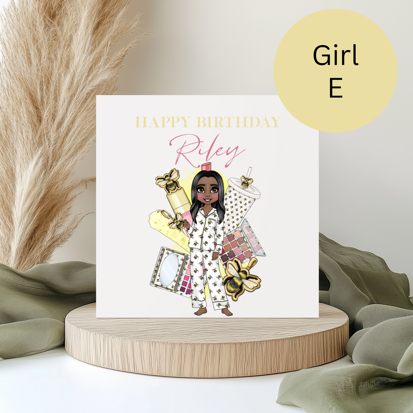 Personalised Makeup Birthday Card – Teen Girl Bee Pyjama Design