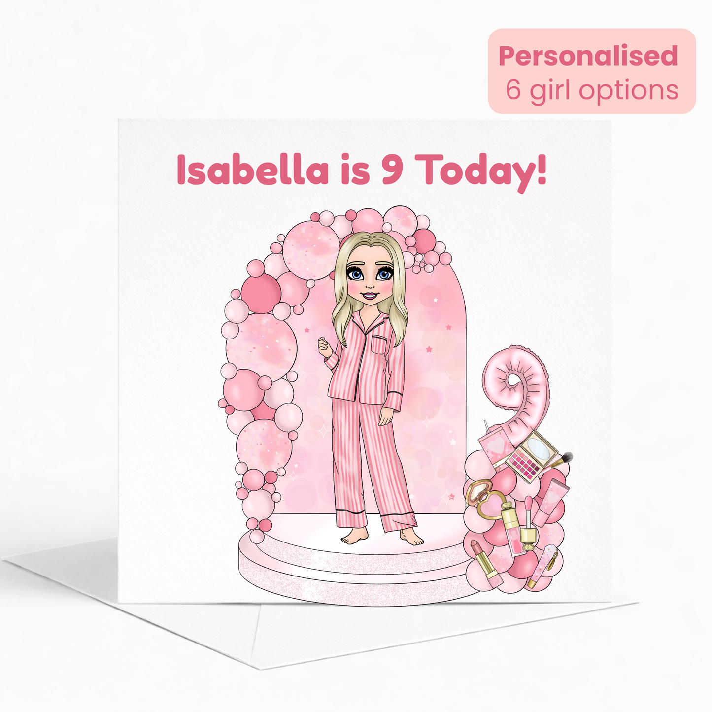 Personalised Beauty Birthday Card for Girls, Pink Pamper Spa Theme Card, Custom Name & Age Card, Sleepover Birthday Card, Stylish Girls Birthday
