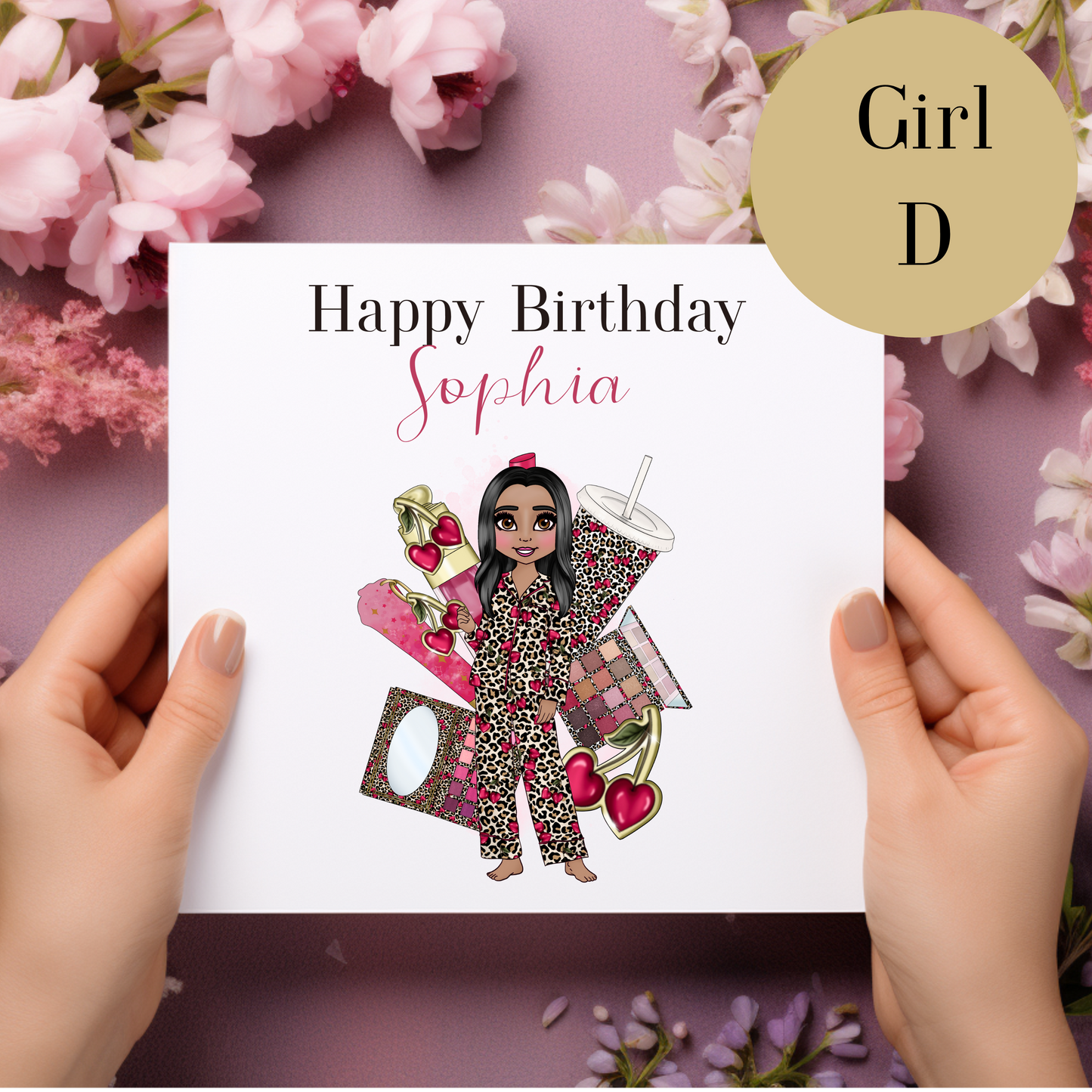 Personalised  Makeup Birthday Card – Cherry Leopard Print Pyjama Design