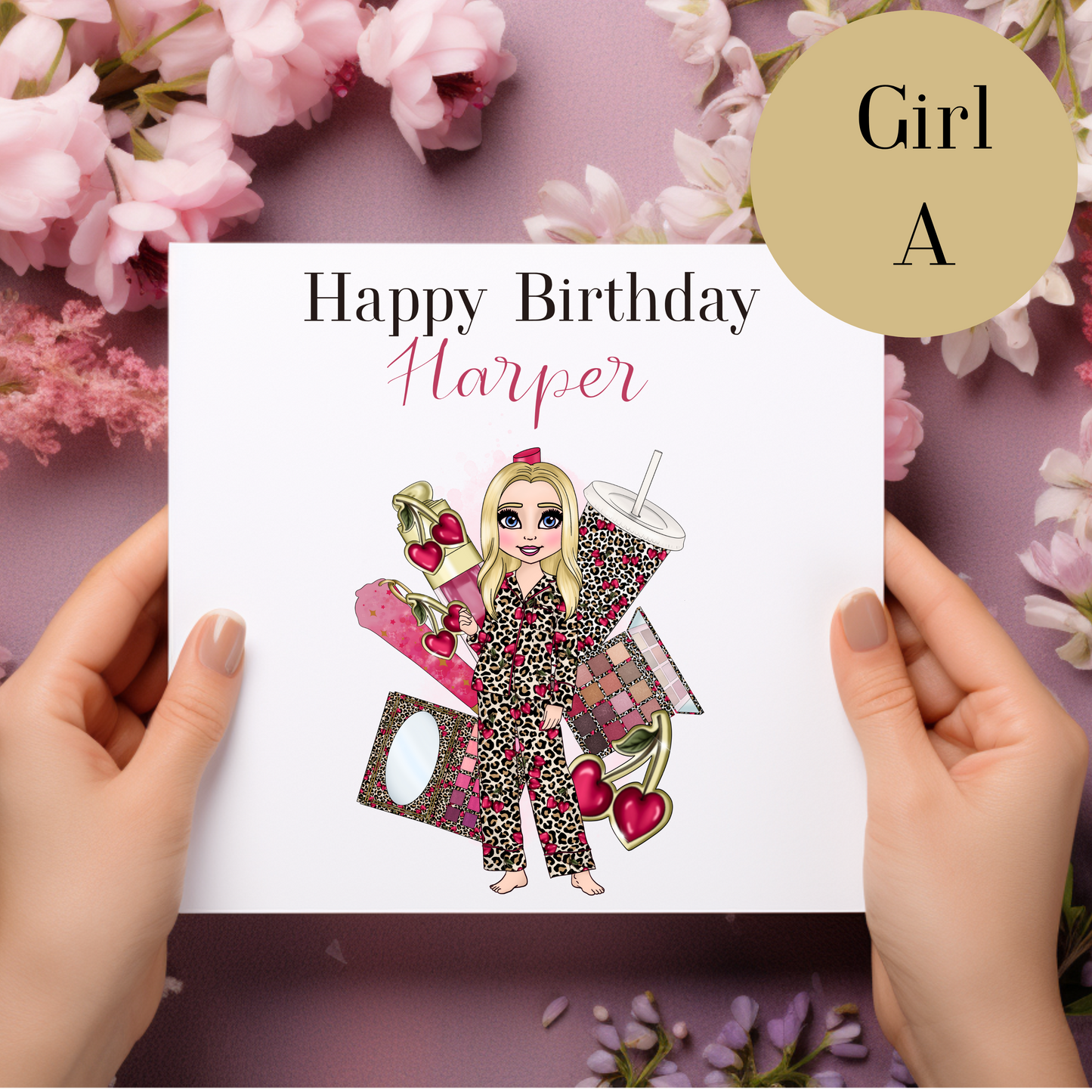 Personalised  Makeup Birthday Card – Cherry Leopard Print Pyjama Design