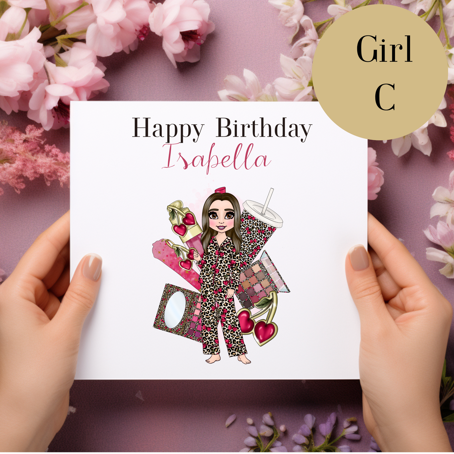 Personalised  Makeup Birthday Card – Cherry Leopard Print Pyjama Design