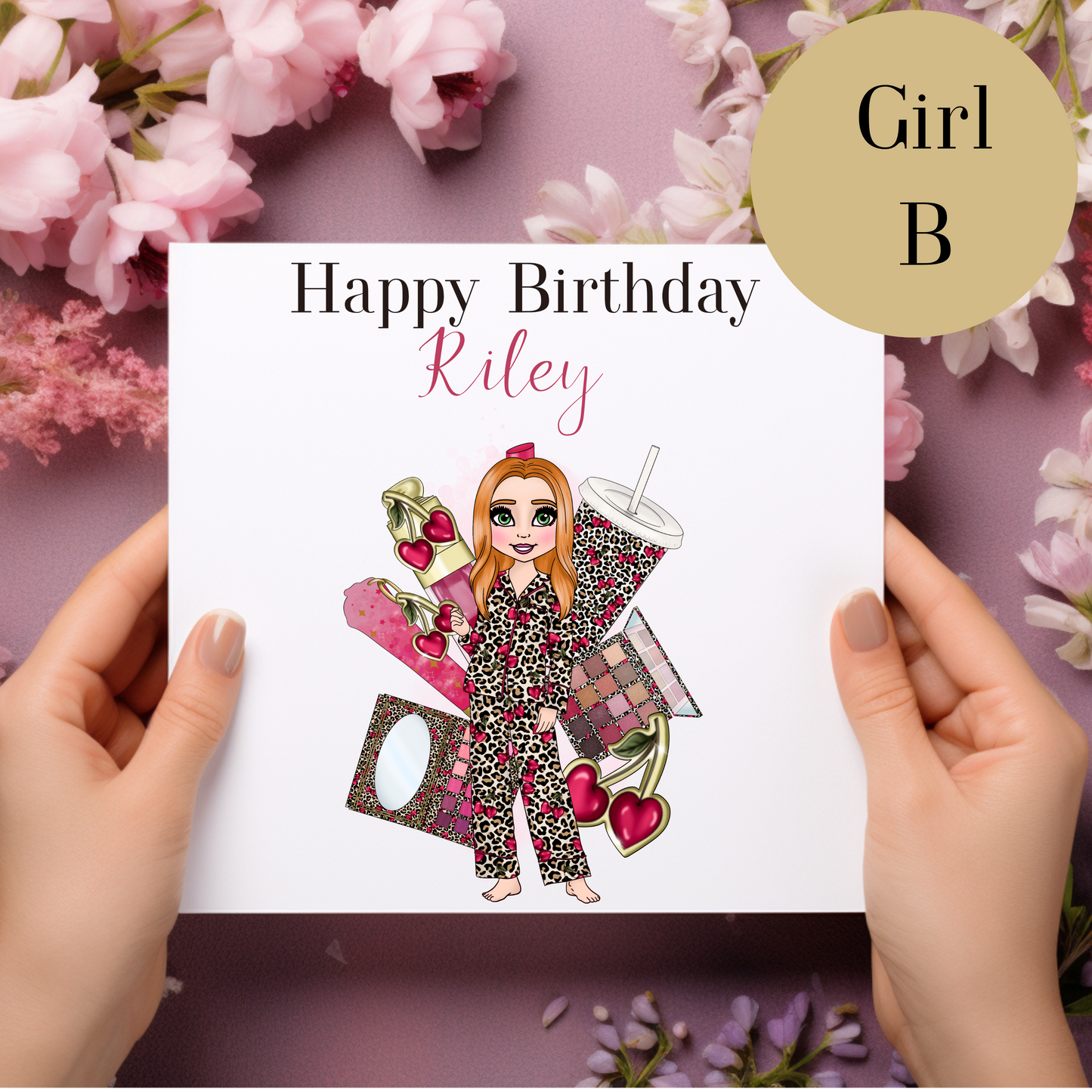Personalised  Makeup Birthday Card – Cherry Leopard Print Pyjama Design