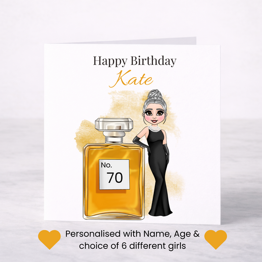 Personalised Perfume Bottle Birthday Card for Her – Lady in Black Evening Gown, Custom Age Milestone Card