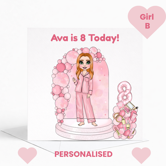 Personalised Beauty Birthday Card for Girls, Pink Pamper Spa Theme Card, Custom Name & Age Card, Sleepover Birthday Card, Stylish Girls Birthday
