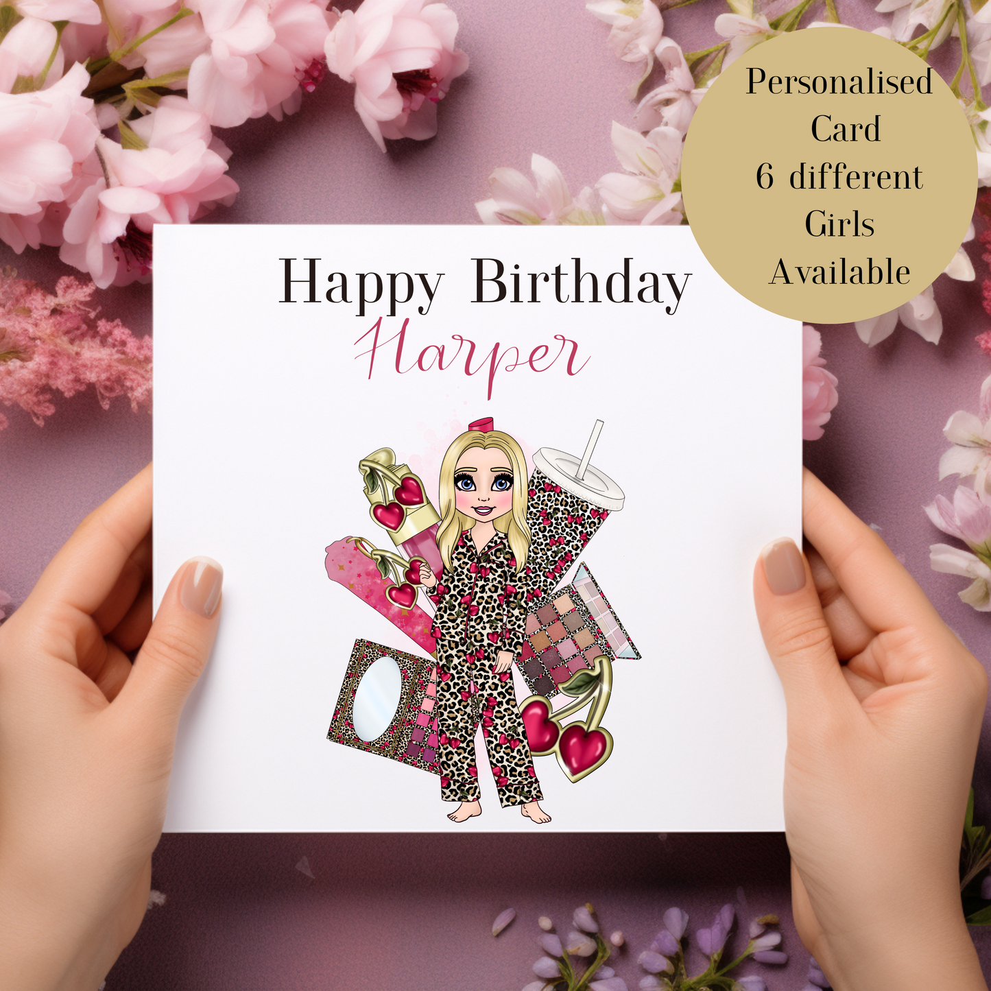 Personalised  Makeup Birthday Card – Cherry Leopard Print Pyjama Design