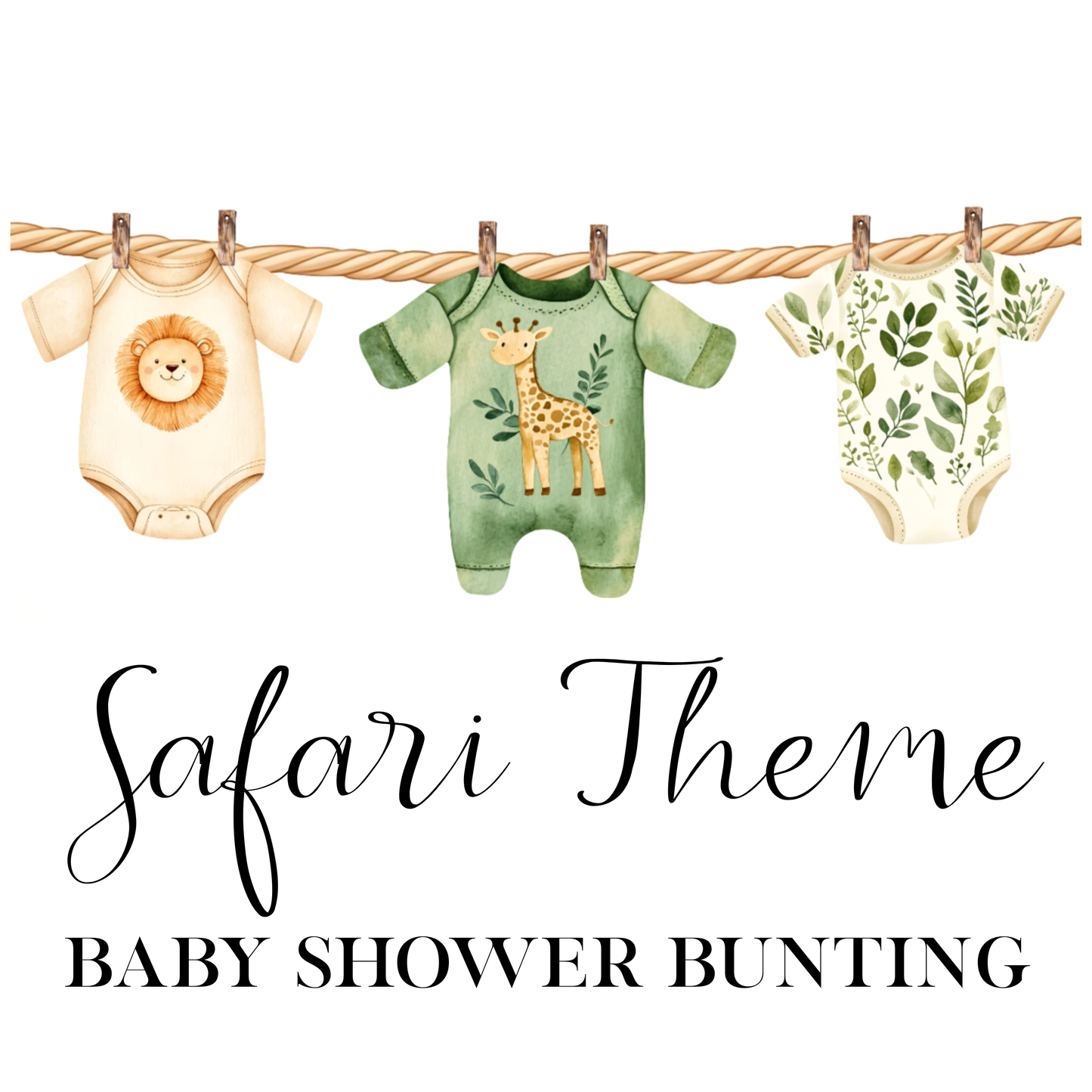 Safari Jungle Baby Shower Bunting | Zebra & Giraffe Clothesline Garland with Wooden Pegs