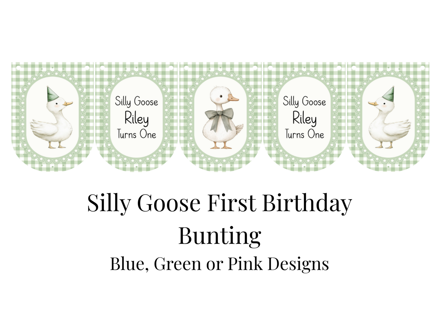 Personalised Silly Goose Turns One Birthday Bunting – First Birthday Banner Pink or Sage Green